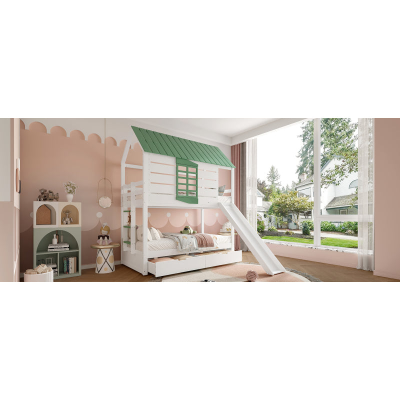 90X200 Haus-Etagenbett mit Rutsche und 2 Schubladen, Weiß+Grün