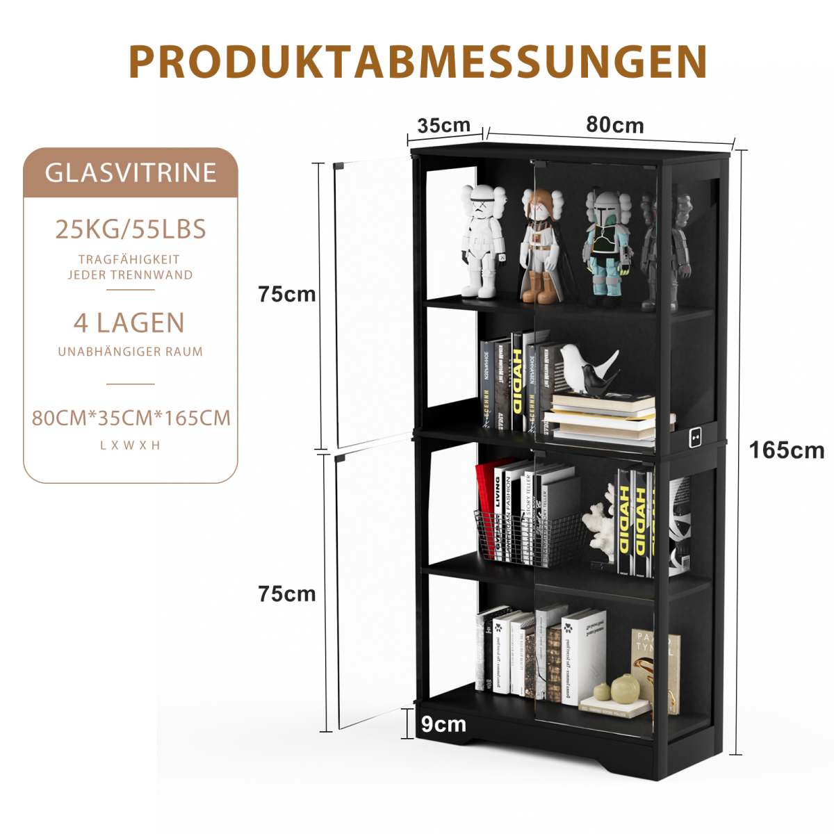Glasvitrine Schwarz 165 cm hoch, Vitrinenschrank mit LED (3 Farben) & Bewegungssensor, 4 verstellbare Böden