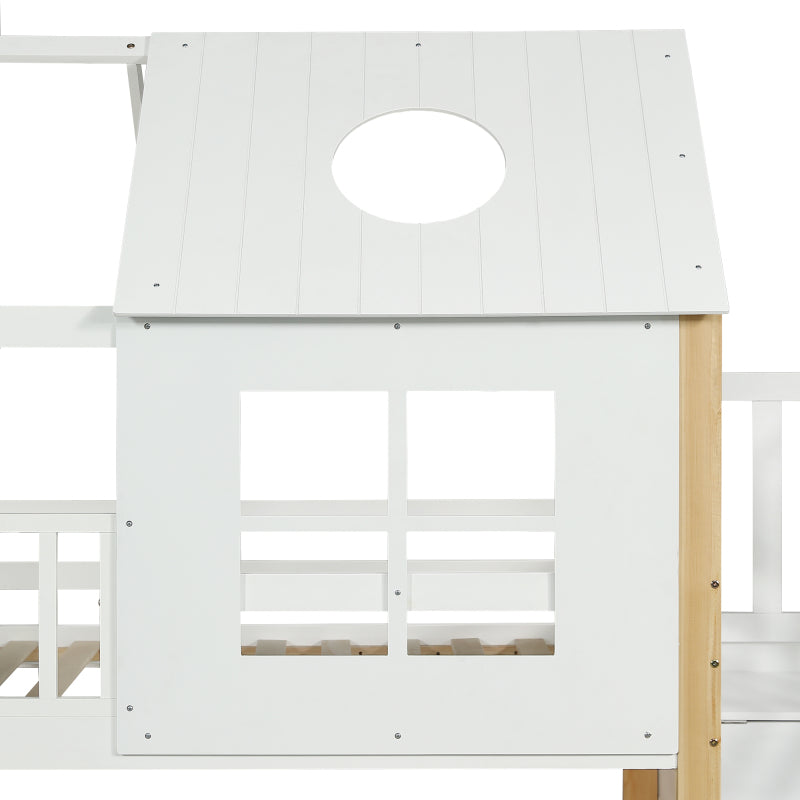 Etagenbett mit Aufbewahrungstreppe, Hausbett, Kinderbett, mit Fallschutzgitter, mit Fenster und Dach, Kiefer+MDF, Weiß+Natur, 90x200cm