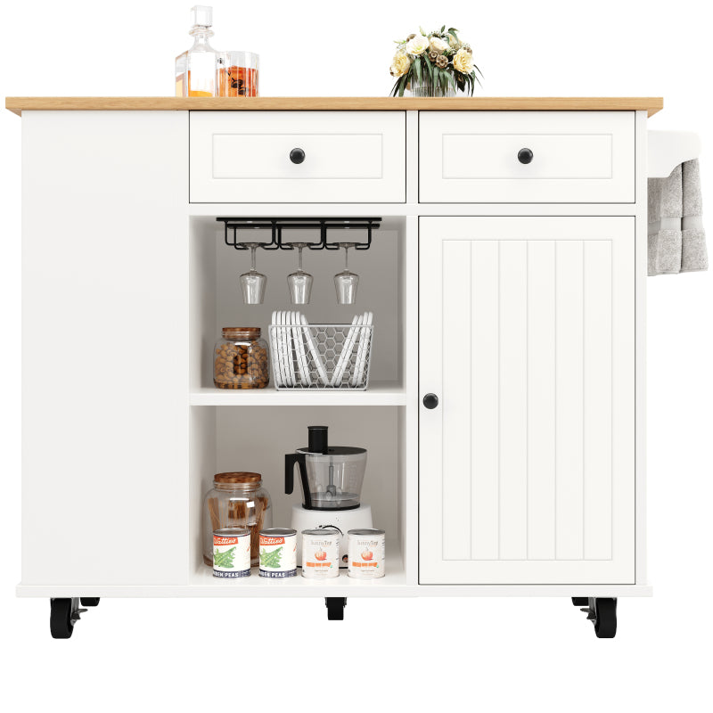 Kücheninsel mit herausnehmbaren Trennwänden, Küchenschrank, Esszimmerwagen mit Arbeitsplatte, Buffetschrank, Esszimmerwagen mit Holzmaserung, ausgestattet mit Snackhalter und Weinglasregal, weiß