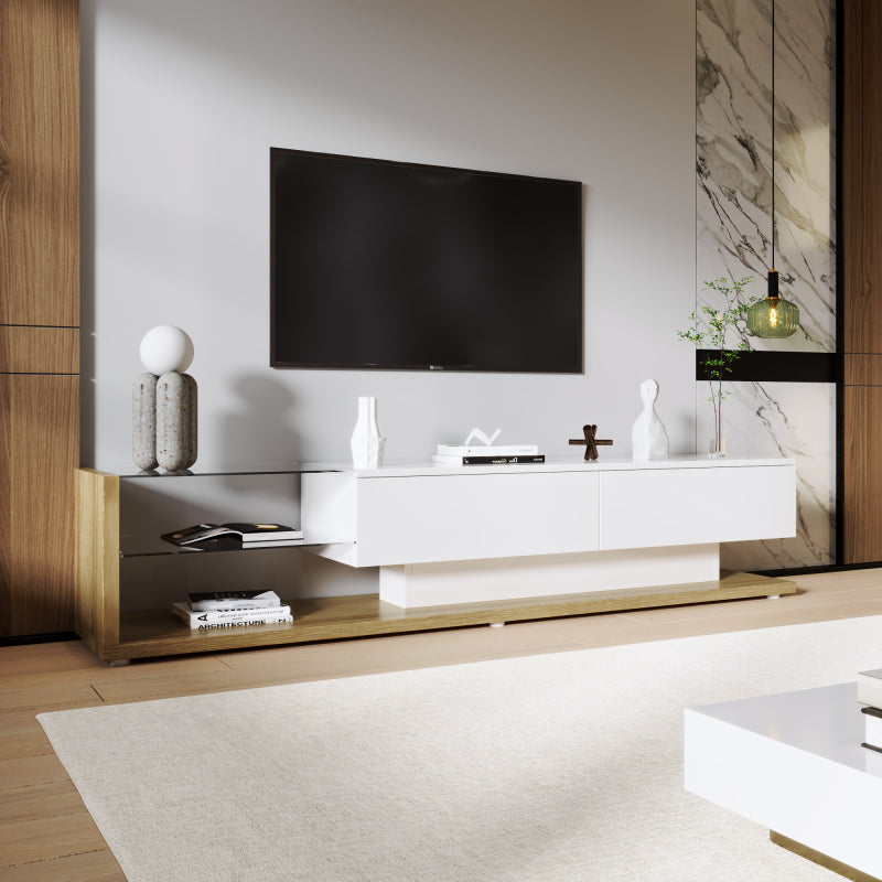 TV-Schränke, Lowboards, Kombination aus Hochglanzweiß und Holzfarben. Glastrennwände und variable LED-Beleuchtung. Es kombiniert natürlichen Landhausstil mit modernem Design.