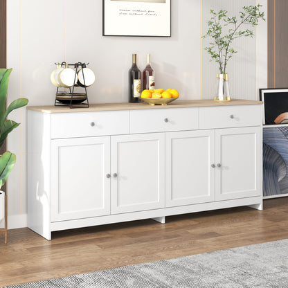 Sideboard mit weißer Holzmaserung, vier Türen, mit drei Schubladen, Wohnzimmer, Esszimmer. Holzfarbe und Weiß