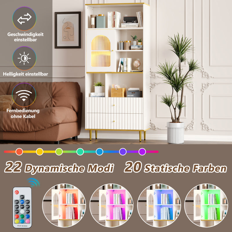 Weißes Bücherregal mit LED-beleuchteten Vitrinen, Glasfronten, 5 offenen Fächern und 2 Schubladen