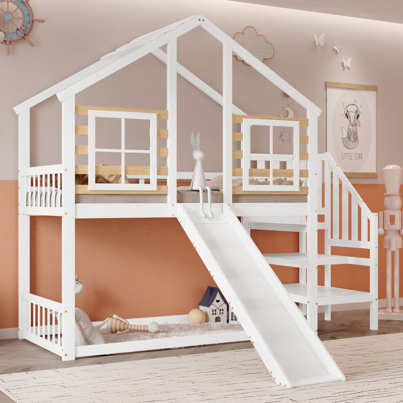 Etagenbett, Holzbett mit Treppe und Gitter, mit Rutsche und Fenster, Blockhaus Kinderbett mit Absturzsicherung, Bettrahmen aus Massivholz, Weiß(90x200 cm)