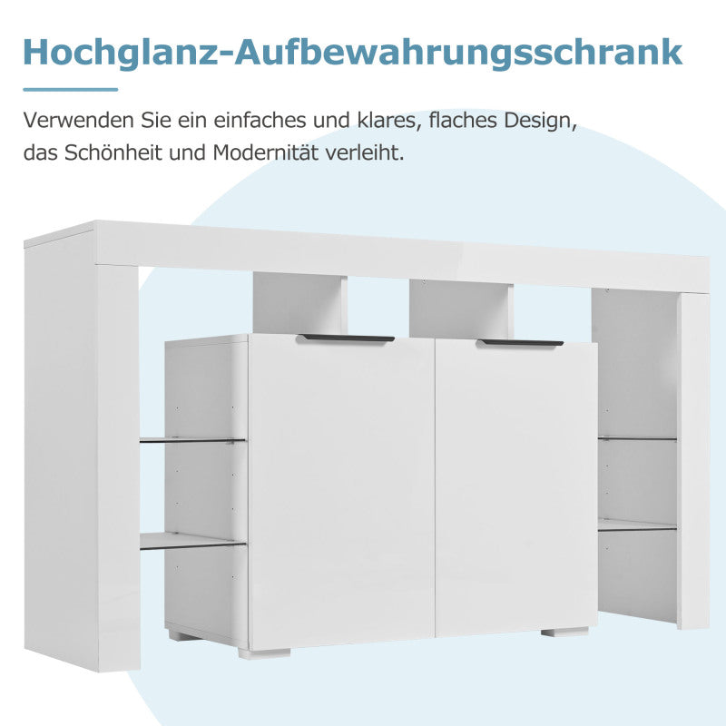 Hochglanz-LED-Sideboard, Küchenschrank, Schrank, Buffet-Aufbewahrung, Servertisch mit LED-Leuchten, Hochglanz-Buffetschrank mit 4 Glasböden und 2 Tür, Vitrine für Wohnzimmer, Eingangsbereich