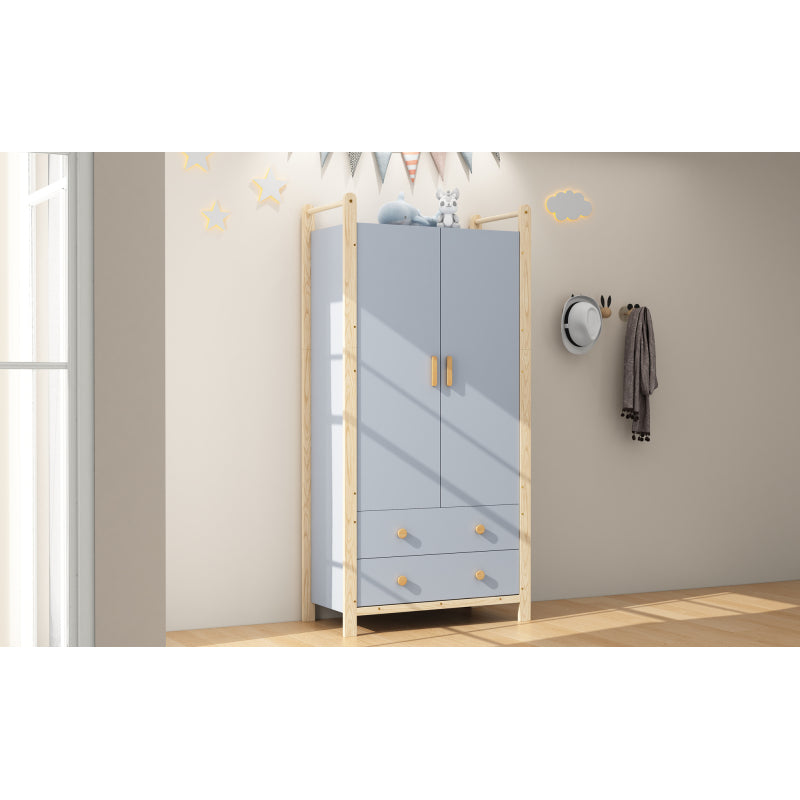 2-türiger Kleiderschrank, Kleiderschrank mit Kleiderstange, für Schlafzimmer, Wohnzimmer, Flurgarderobe geeignet,  blauer Körper + Kieferrahmen