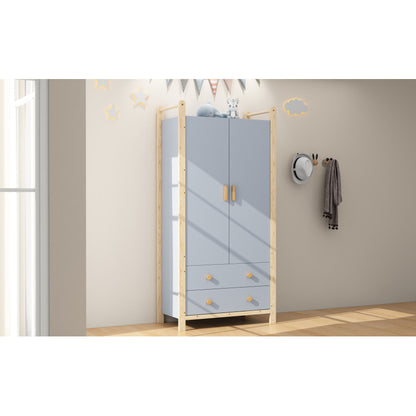 2-türiger Kleiderschrank, Kleiderschrank mit Kleiderstange, für Schlafzimmer, Wohnzimmer, Flurgarderobe geeignet,  blauer Körper + Kieferrahmen