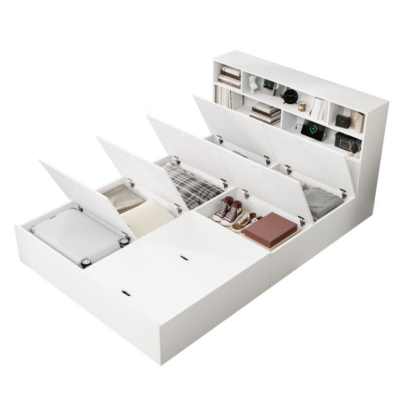 Stauraumbett 140*200cm, Doppelbett,Funktionsbett,Massivholzbett, mit USB-Anschluss, mit Aufbewahrungsbox unter dem Bett, mit Stauraum, ohne Matratze, weiß