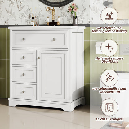 76x46x87cm Bodenstehender Badezimmerschrank mit Waschbeck, Waschtisch,Sprühlackierverfahren,Drei Soft-Close-Schubladen,Türregale,ausklappbare Schublade,integriertes Keramikwaschbecken,Weiß