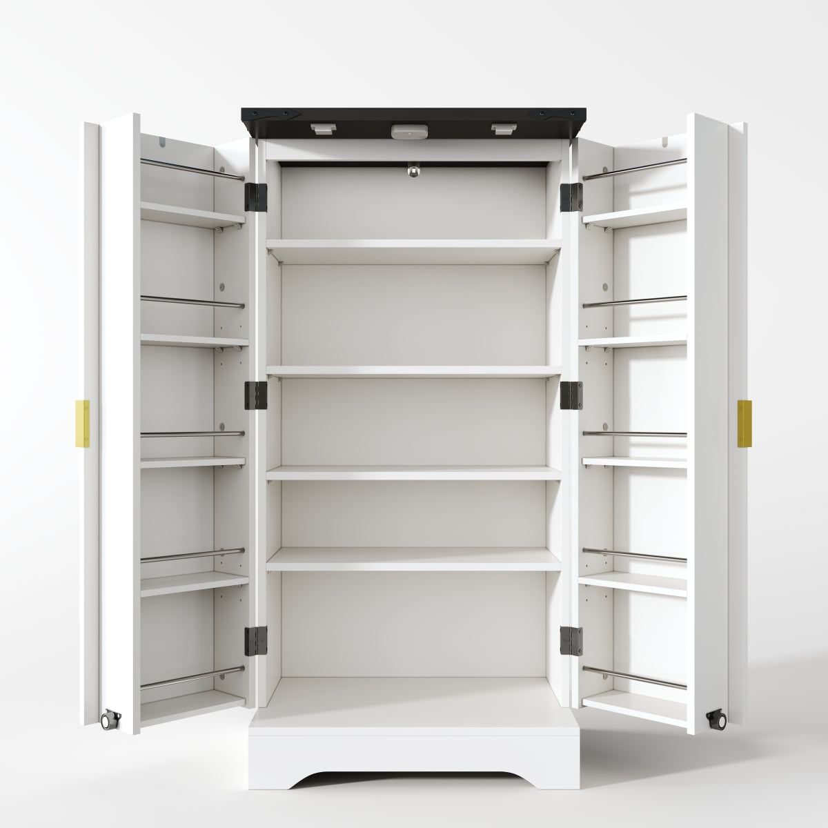 Hochschrank Weiß 120 cm, Buffetschrank mit LED-Sensorlicht, Anrichte mit Gerillten Türen & Türablagen, Goldgriffe