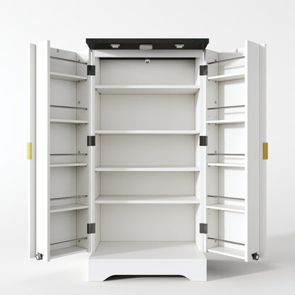 Hochschrank Weiß 120 cm, Buffetschrank mit LED-Sensorlicht, Anrichte mit Gerillten Türen & Türablagen, Goldgriffe