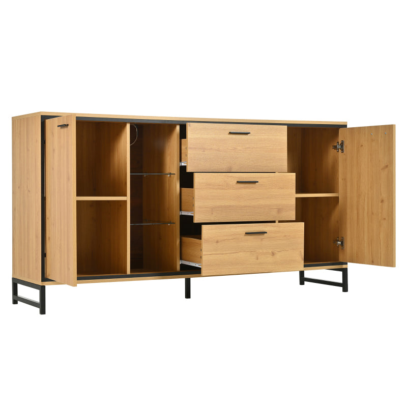 Sideboard mit drei Schubladen, exquisite Maserung. Modernes Sideboard in Holzfarbe mit Ablagefächern – stilvolle und funktionale Wohnmöbel. Schwarz und Holzfarbe.