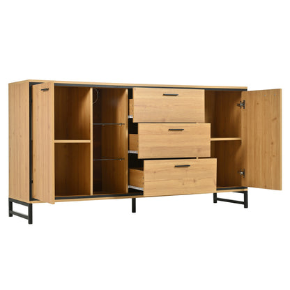Sideboard mit drei Schubladen, exquisite Maserung. Modernes Sideboard in Holzfarbe mit Ablagefächern – stilvolle und funktionale Wohnmöbel. Schwarz und Holzfarbe.