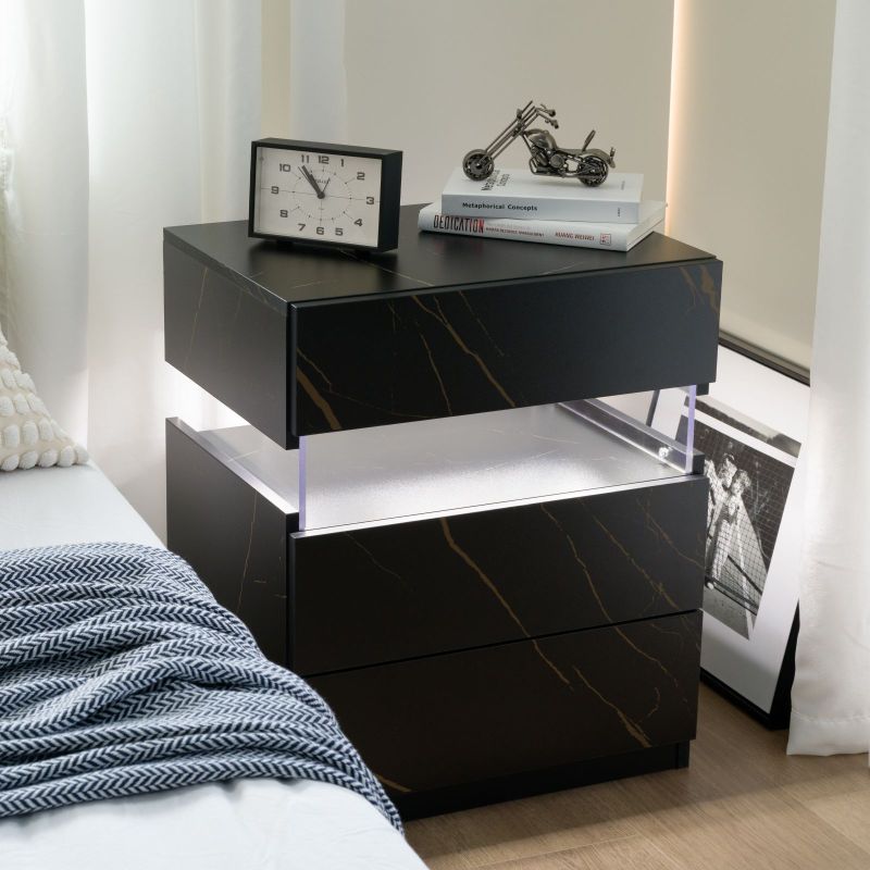 LED Nightstands 3 Drawer Dresser for Bedroom End Table with Acrylic Board LED Bedside Tables for Bedroom Living Room Bedside Furniture (Black+Glod)