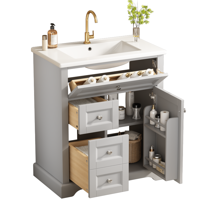 76x46x87cmBodenstehender Badezimmerschrank mit Waschbeck, Waschtisch, feuchtigkeitsbeständig lackiert, Soft-Close-Schubladenführungen, Türregale,ausklappbare Schublade,verstellbare Ablagefläche, grau