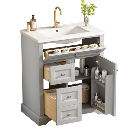 76x46x87cmBodenstehender Badezimmerschrank mit Waschbeck, Waschtisch, feuchtigkeitsbeständig lackiert, Soft-Close-Schubladenführungen, Türregale,ausklappbare Schublade,verstellbare Ablagefläche, grau