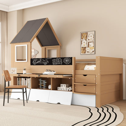 Etagenbett, Baumhausbett mit Schubladen und Ausziehbett, Mit Ausziehtisch, Reichlich Stauraum, Holzbett mit Fenster, Rahmen aus Kiefer, Graffiti-Tafel, Kiefer+MDF, weiß+Natur, 90x200&90*190cm