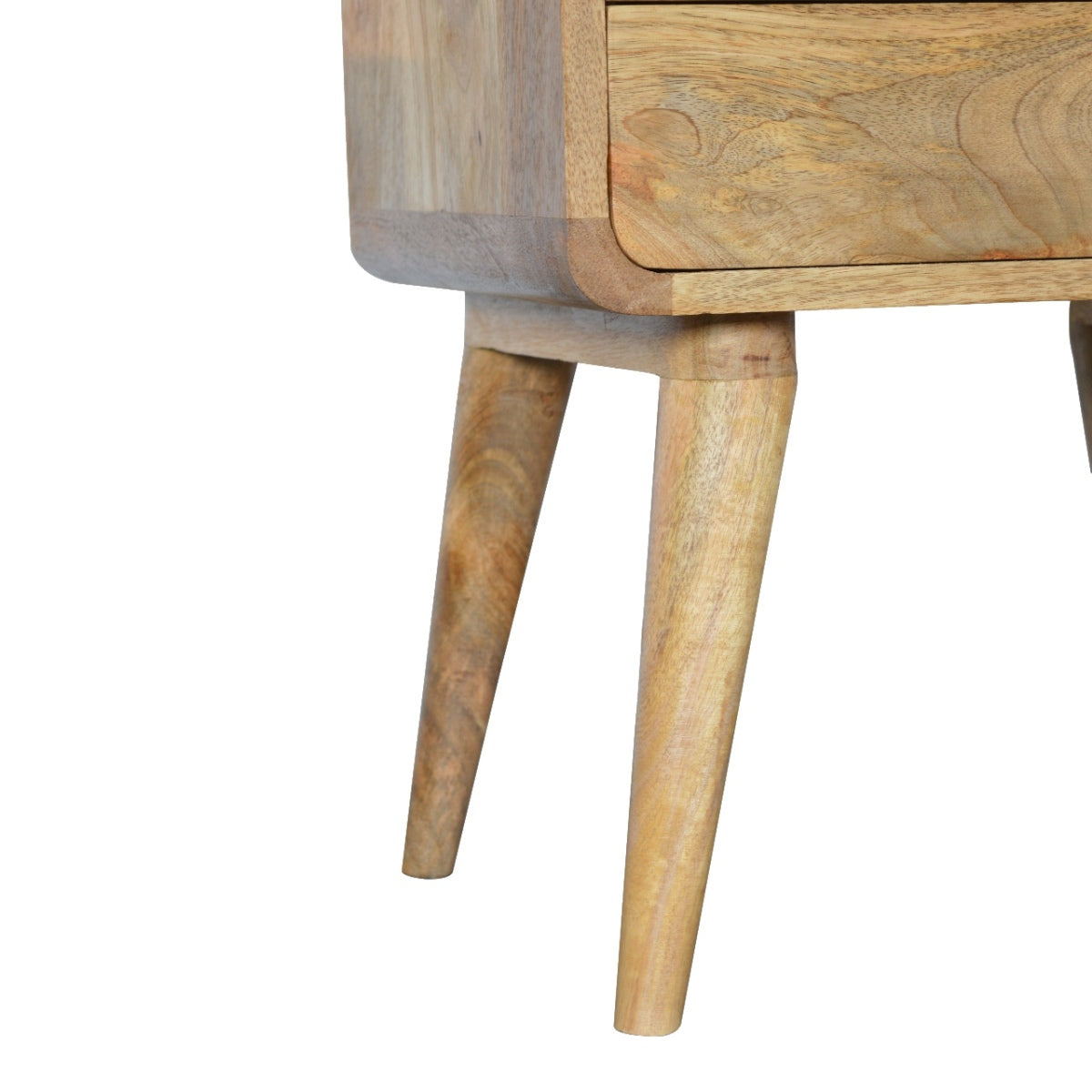 Nachttisch aus massivem Mangoholz – Oak-ish Finish, Curved Design, 2 Schubladen, Handgefertigt, Skandinavischer Stil, 45x35x55 cm