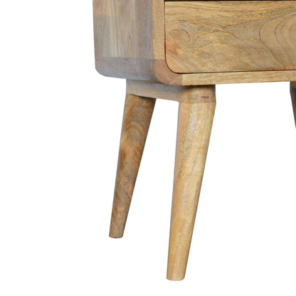 Nachttisch aus massivem Mangoholz – Oak-ish Finish, Curved Design, 2 Schubladen, Handgefertigt, Skandinavischer Stil, 45x35x55 cm