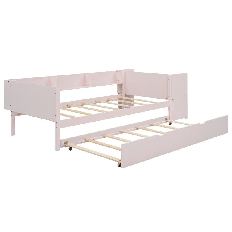 90*200cm, Flachbett, mit ausziehbarem Bett, mit Schreibtisch, drei Regale an der Seite des Bettes, Rosa