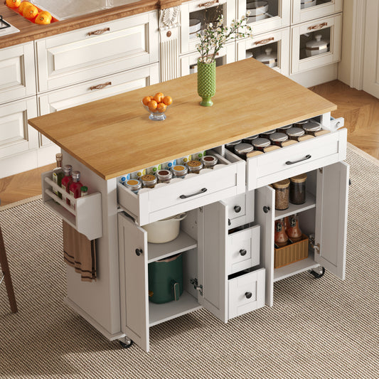 Multifunktionaler Küchenwagen mit ausklappbarer Arbeitsplatte, 120×65 cm erweiterbar, mit 5 Schubladen, Schränken, Gewürz- & Handtuchhalter, auf Rollen – Kücheninsel für Küche, Esszimmer & Wohnzimmer