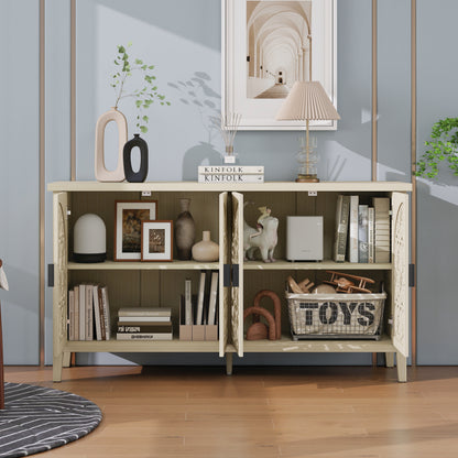 Natürliches Holzfarbener vier Türen Sideboard, mit geschnitztem und durchbrochenem Design, ausgestattet mit drei Einlegeböden. Geeignet für Wohnzimmer, Flur, Esszimmer und Küche.(147.6x40x80cm)
