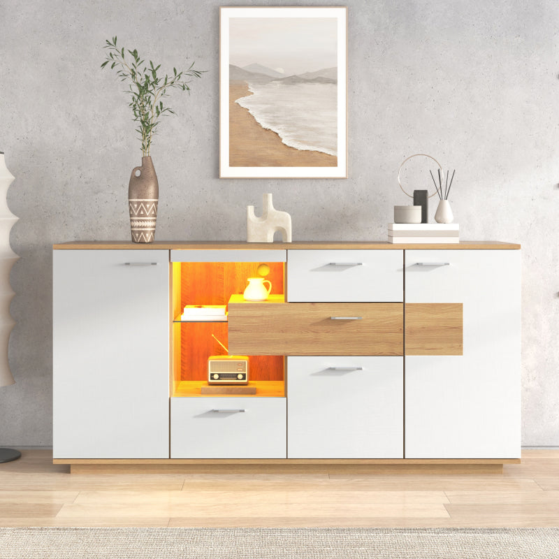 Modernes Sideboard-Schrank mit viel Stauraum, mit LED-Beleuchtung, 160x40x77cm, 2 Türen, 4 Schubladen, Glasablage, Holzoptik, Weiß,Wohnzimmermöbel, Organizer, Kommode, Mehrzweckschrank.