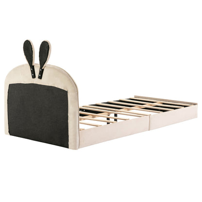 Kaninchen Kopfteil Polsterbett, Kinderbett mit Holzlatten, Einzelbett, Samt, Beige, 90x200cm