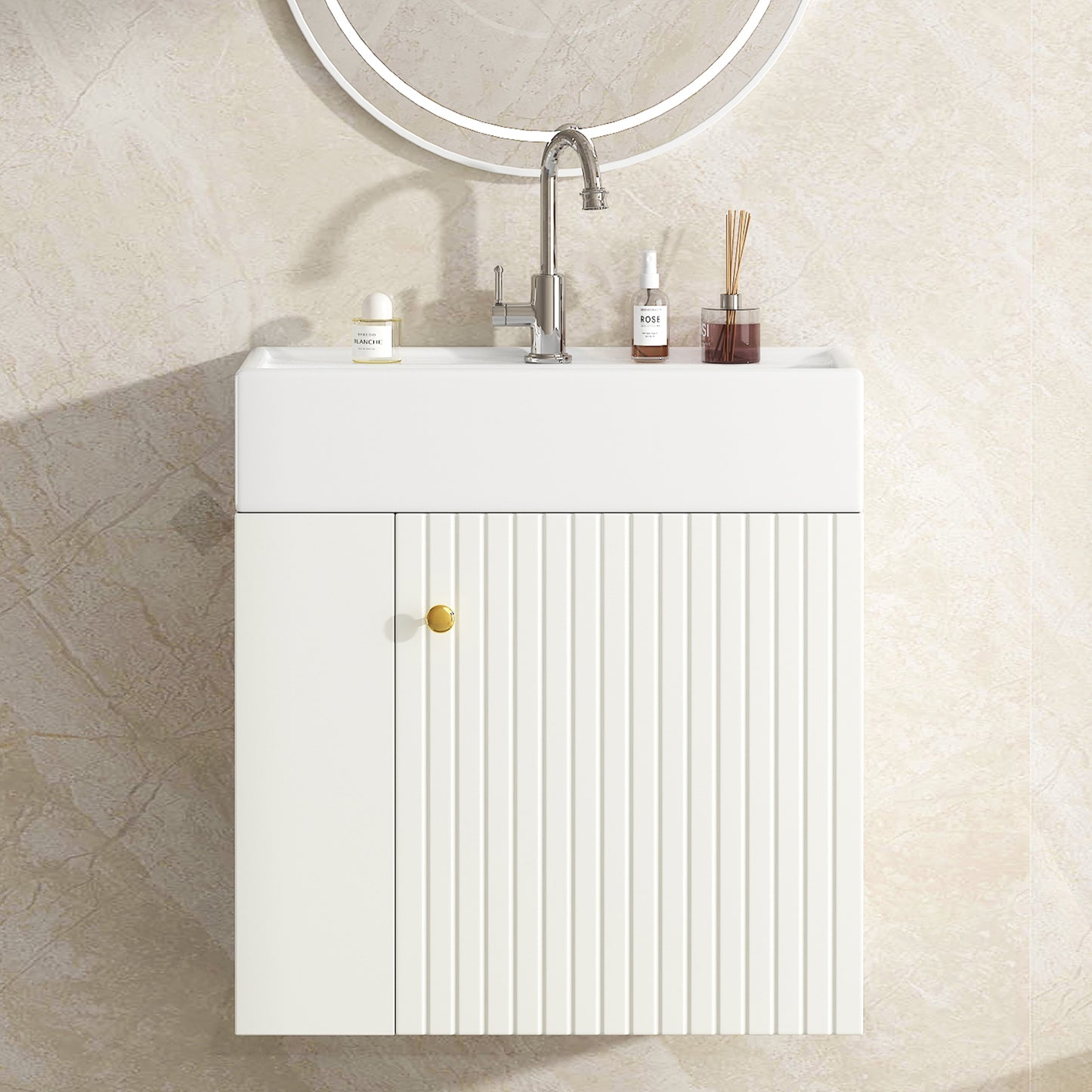 Waschbecken mit Waschtischunterschrank, Waschtischunterschrank , Waschtischunterschrank hängend hellgrau , Kleine Gästebad Möbel, White
