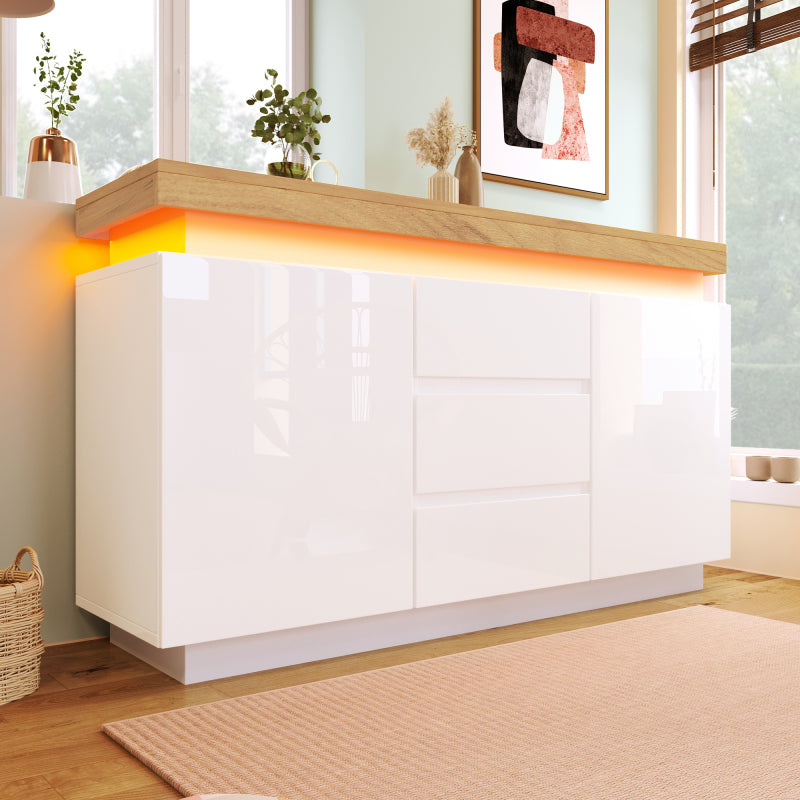 Kommode, Hochglanz Sideboard mit 2 Türen und 3 Schubladen, LED Beleuchtung (App Control), Mehrzweckschrank für Wohnzimmer und Schlafzimmer, 81 x 140 x 39 cm, Weiß