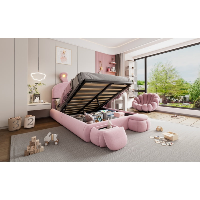 Polsterbett, Doppelbett, hydraulisches Bett, Hasenohren mit einstellbarer Helligkeit warmfarbenen Lichtstreifen, Stauraum unter dem Bett, zwei Aufbewahrungshockern, Samt, Rosa, 140x200cm