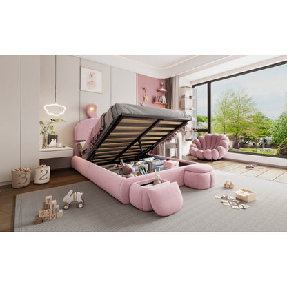 Polsterbett, Doppelbett, hydraulisches Bett, Hasenohren mit einstellbarer Helligkeit warmfarbenen Lichtstreifen, Stauraum unter dem Bett, zwei Aufbewahrungshockern, Samt, Rosa, 140x200cm