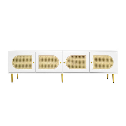 Weißer Rattan-TV-Schrank 180x40x50 cm - 4 Rattan-Türen, verstellbare Einlegeböden und Kabelmanagement für Fernseher bis 80 Zoll, TV-Schrank,Lowboards