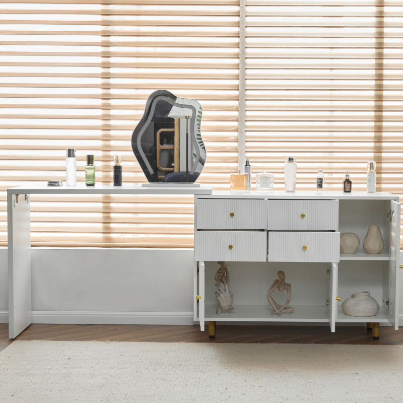 Schminktisch, Kosmetiktisch-Set mit Spiegel und Beleuchtung, ausziehbare Tischplatte, links-rechts wechselbar, 3-farbige LED-Beleuchtung, Maße: B100/H74.5/T40 cm (ohne Hocker)