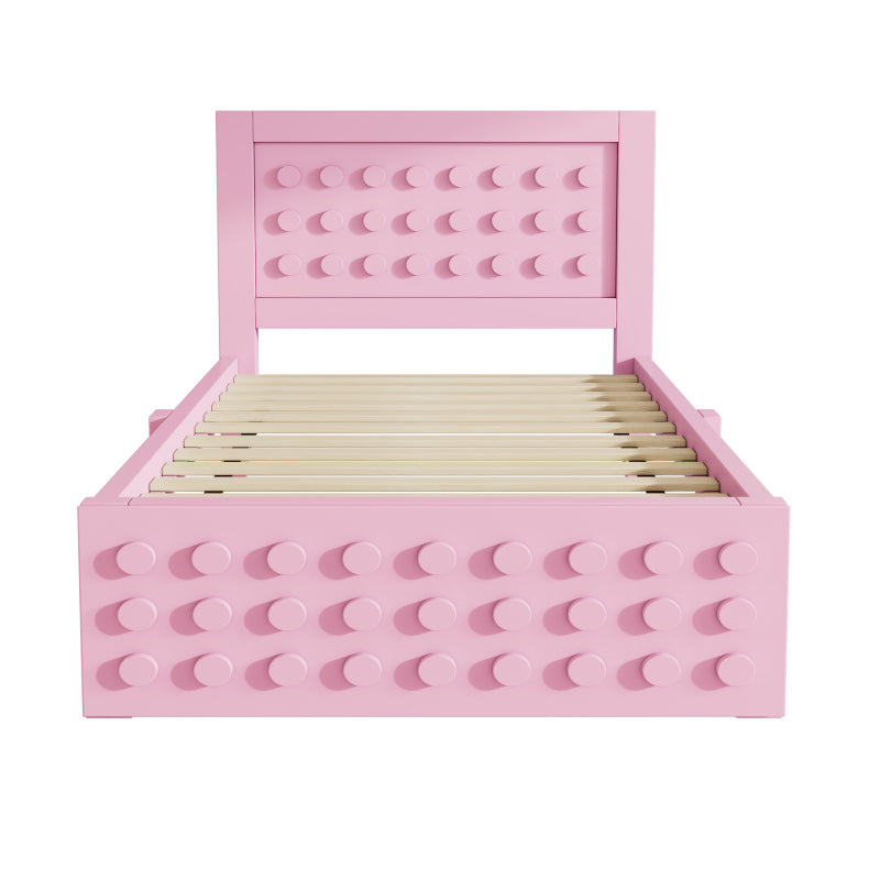 Holzbett Einzelbett 90x200 cm, Kinderbett Jugendbett mit Kreativem Block Design, Massivholz Bettgestell mit Lattenrost, mit Schubladen & Unterm Bett Stauraum, Rosa, Ohne Matratze