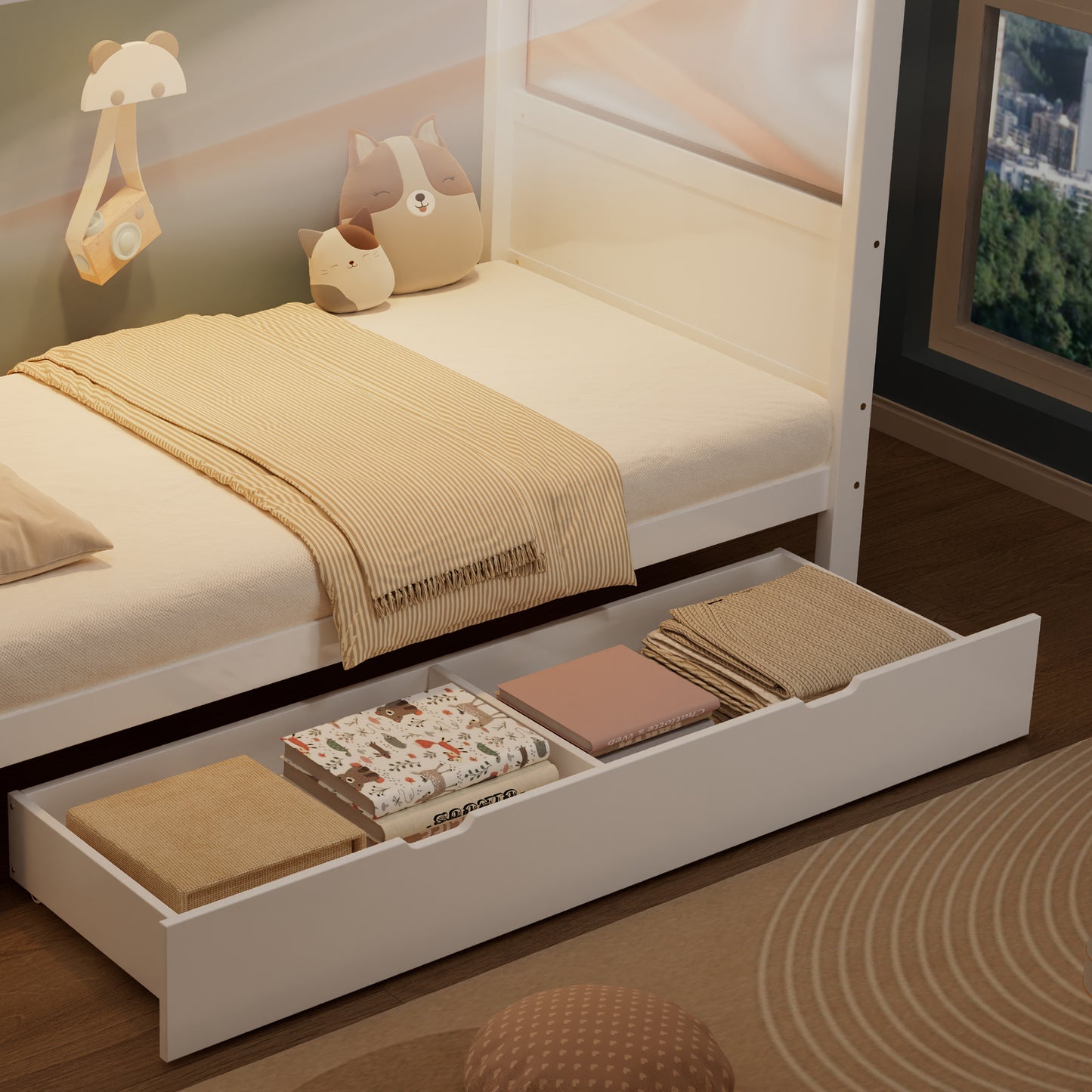 Einzelbett, Kinderbett mit Fallschutz und Gitter,  Holzbett mit Stauraum, Weiß+Natur,  90x200cm