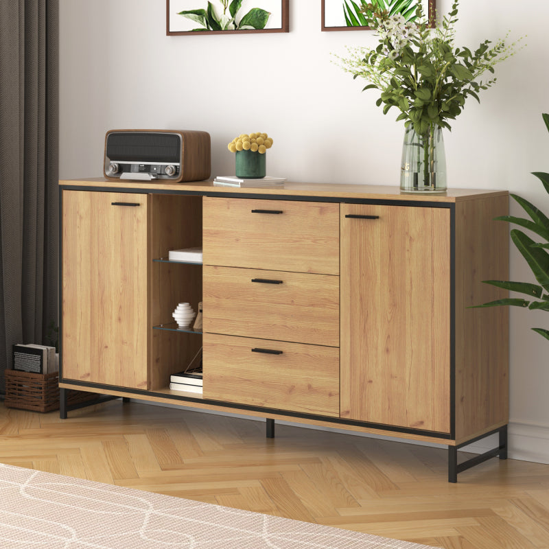 Sideboard mit drei Schubladen, exquisite Maserung. Modernes Sideboard in Holzfarbe mit Ablagefächern – stilvolle und funktionale Wohnmöbel. Schwarz und Holzfarbe.