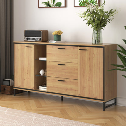 Sideboard mit drei Schubladen, exquisite Maserung. Modernes Sideboard in Holzfarbe mit Ablagefächern – stilvolle und funktionale Wohnmöbel. Schwarz und Holzfarbe.