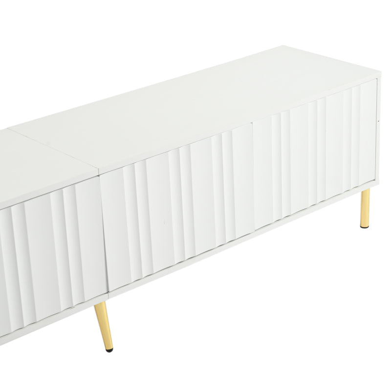 Weißes TV-Schrank, 190 cm lang x 38 cm breit x 48 cm hoch, goldene Tischbeine, gerilltes Türdesign