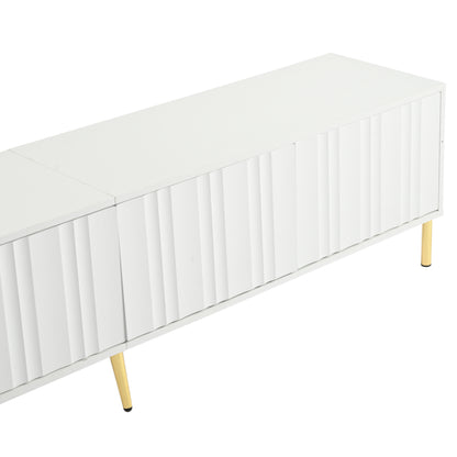 Weißes TV-Schrank, 190 cm lang x 38 cm breit x 48 cm hoch, goldene Tischbeine, gerilltes Türdesign