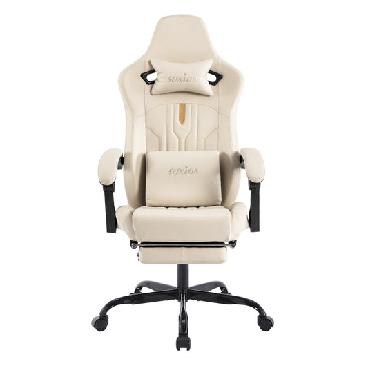 Gaming Stuhl Computerstuhl Ergonomischer Gaming Chair mit Fußstütze Bürostuhl Ergonomischer Computerstuhl mit Lendenwirbelstütze Beige