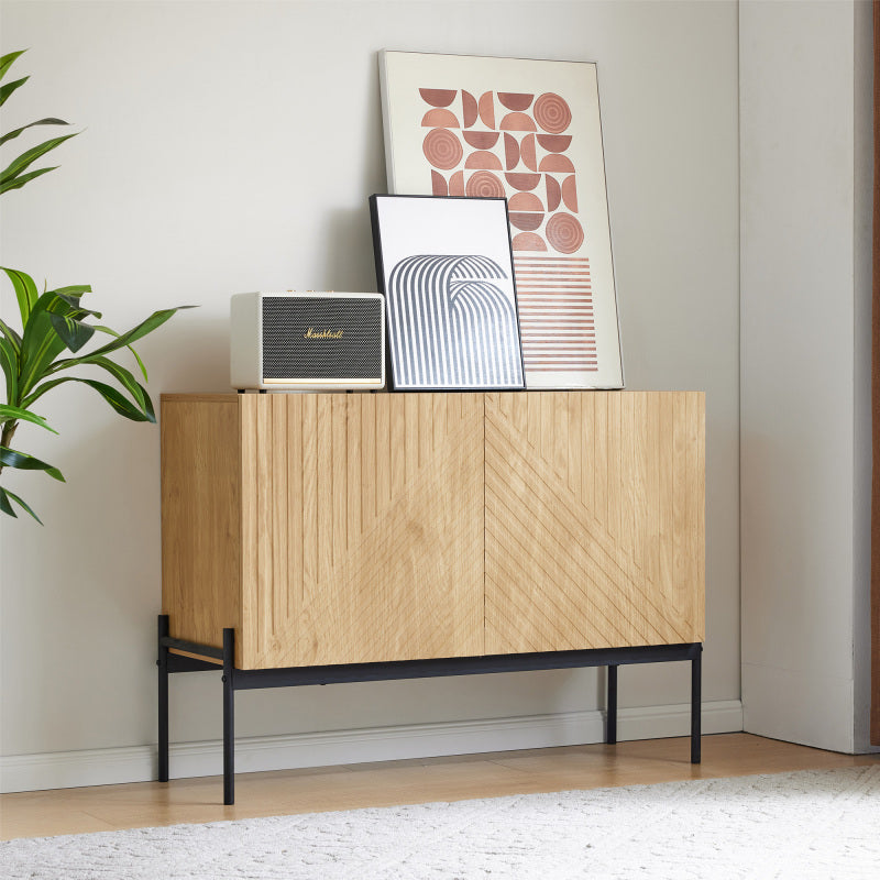 Sideboard mit 2 Türen und Metallbeinen, Buffet, Kommode mit Linien-Design, Maße: H 75 cm / B 100 cm / T 40 cm