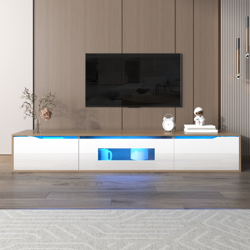 TV-Schrank, Hochglanz-TV-Schrank, farblich passend zu Hochglanz-Weiß und Holzfarbe, mit farbwechselndem LED-Licht.