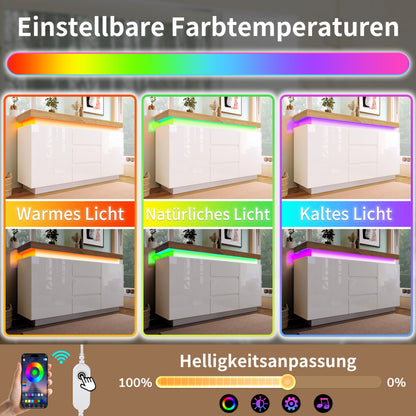 Kommode, Hochglanz Sideboard mit 2 Türen und 3 Schubladen, LED Beleuchtung (App Control), Mehrzweckschrank für Wohnzimmer und Schlafzimmer, 81 x 140 x 39 cm, Weiß