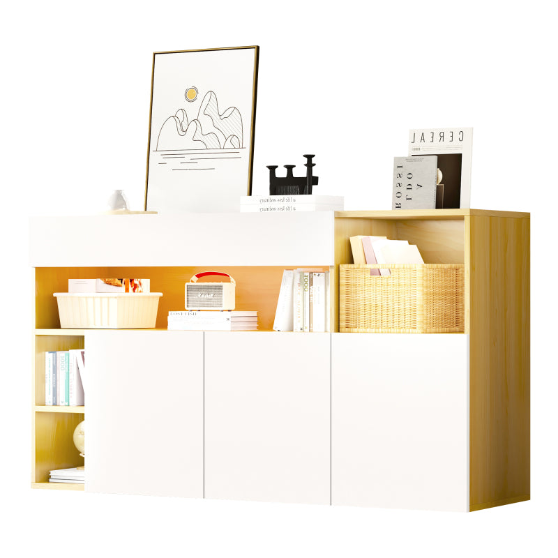 LED Sideboard Breite 140cm, Multifunktionales Sideboard,Kommode, Highboard , Luxuriöses Sideboard für Wohnzimmer, Eckschrank für Flur, Schrank für Schlafzimmer, Weiß und Eiche