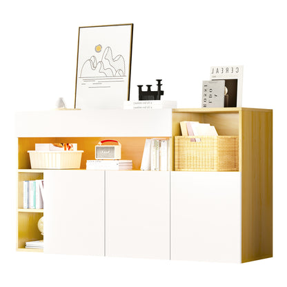 LED Sideboard Breite 140cm, Multifunktionales Sideboard,Kommode, Highboard , Luxuriöses Sideboard für Wohnzimmer, Eckschrank für Flur, Schrank für Schlafzimmer, Weiß und Eiche