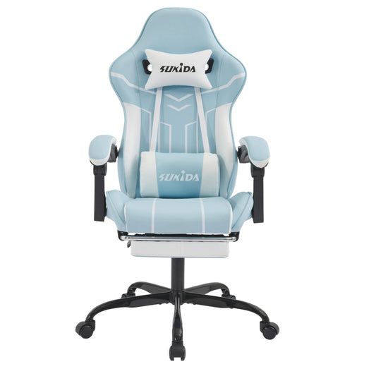 Gaming Stuhl Computerstuhl Ergonomischer Gaming Chair mit Fußstütze Bürostuhl Ergonomischer Computerstuhl mit Lendenwirbelstütze Bluewhite