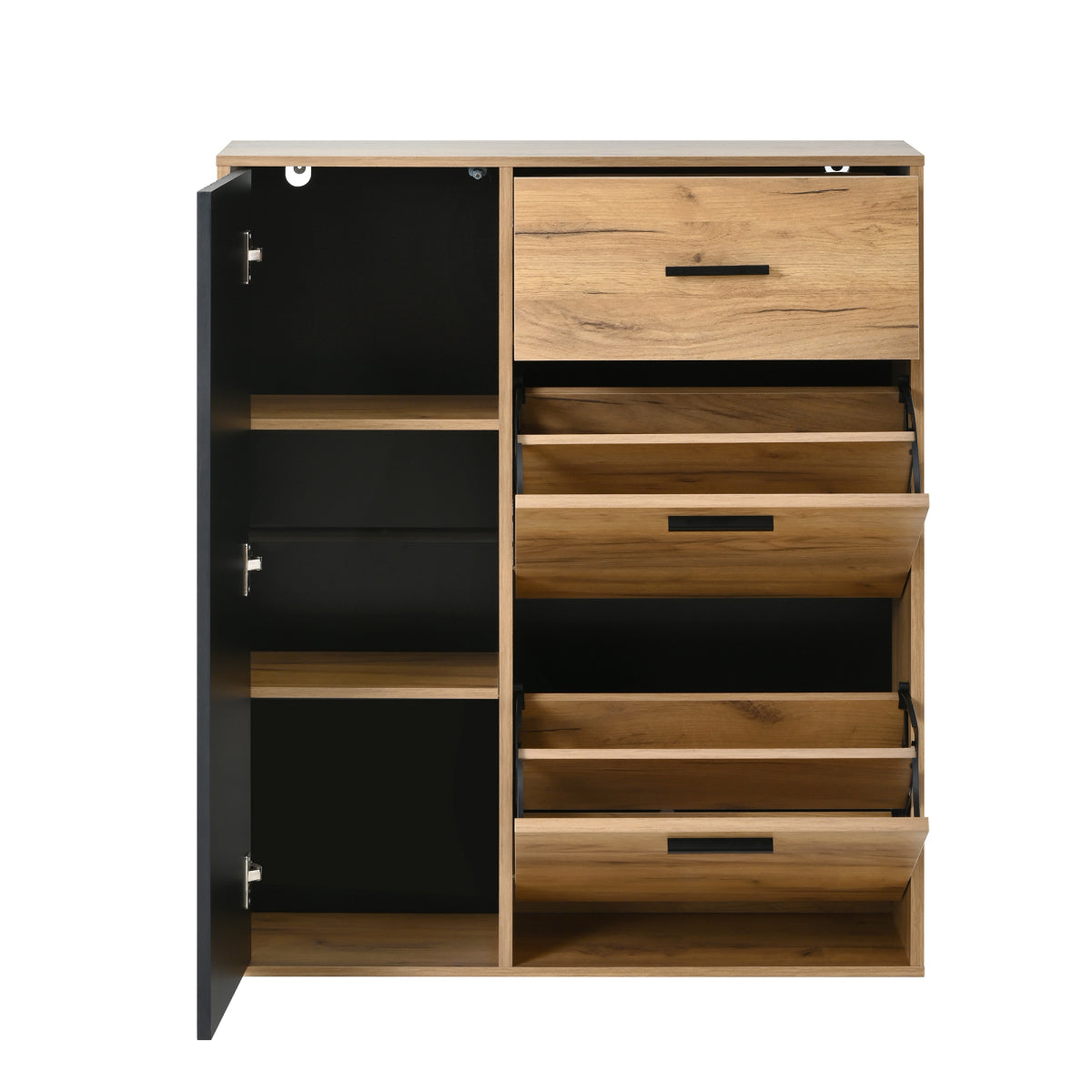 Schuhschrank Schwarz/Natur 80x24x95,5 cm mit 2 Klappen, 1 Tür & Schublade, verstellbare Regale, moderne Griffe