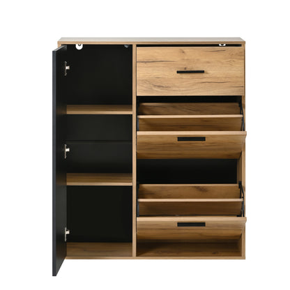 Schuhschrank Schwarz/Natur 80x24x95,5 cm mit 2 Klappen, 1 Tür & Schublade, verstellbare Regale, moderne Griffe