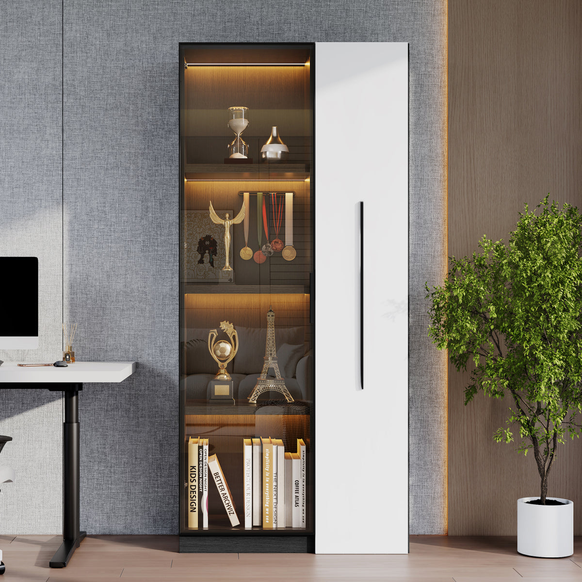 Multifunktionsschrank 70x40x160cm - LED Vitrine mit Glastür aus gehärtetem Glas & Aluminiumrahmen, Seitenauszug auf Rollen, Schwarz-Weiß